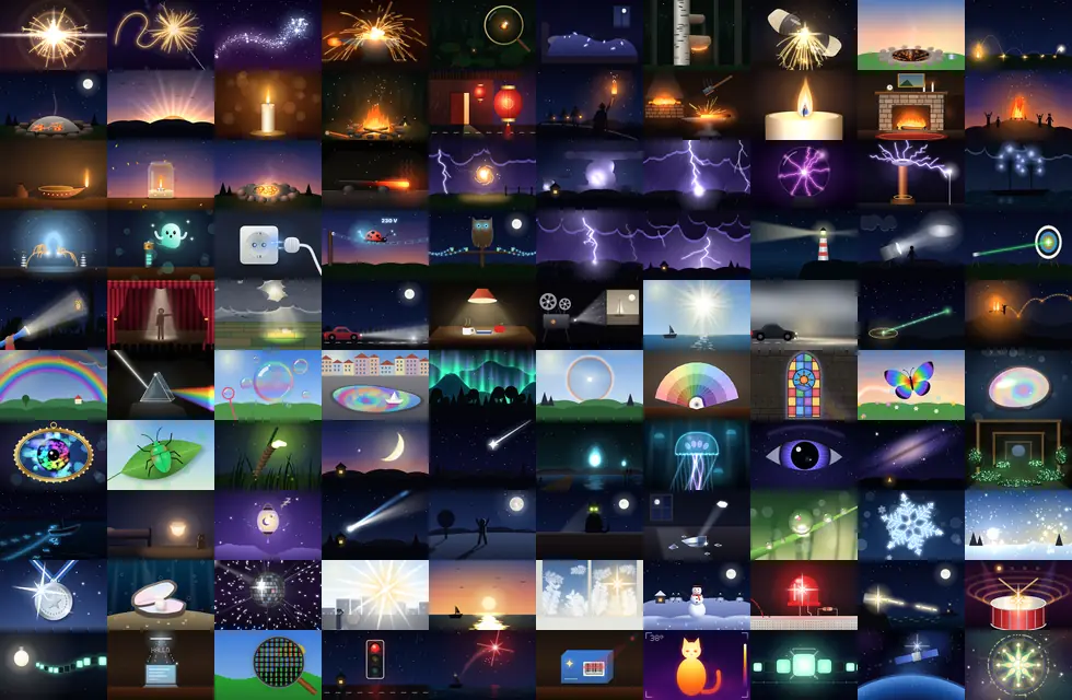 A grid of all 100 Funkl illustrations, from sparks and candles to lightning, rainbows, moons and signals